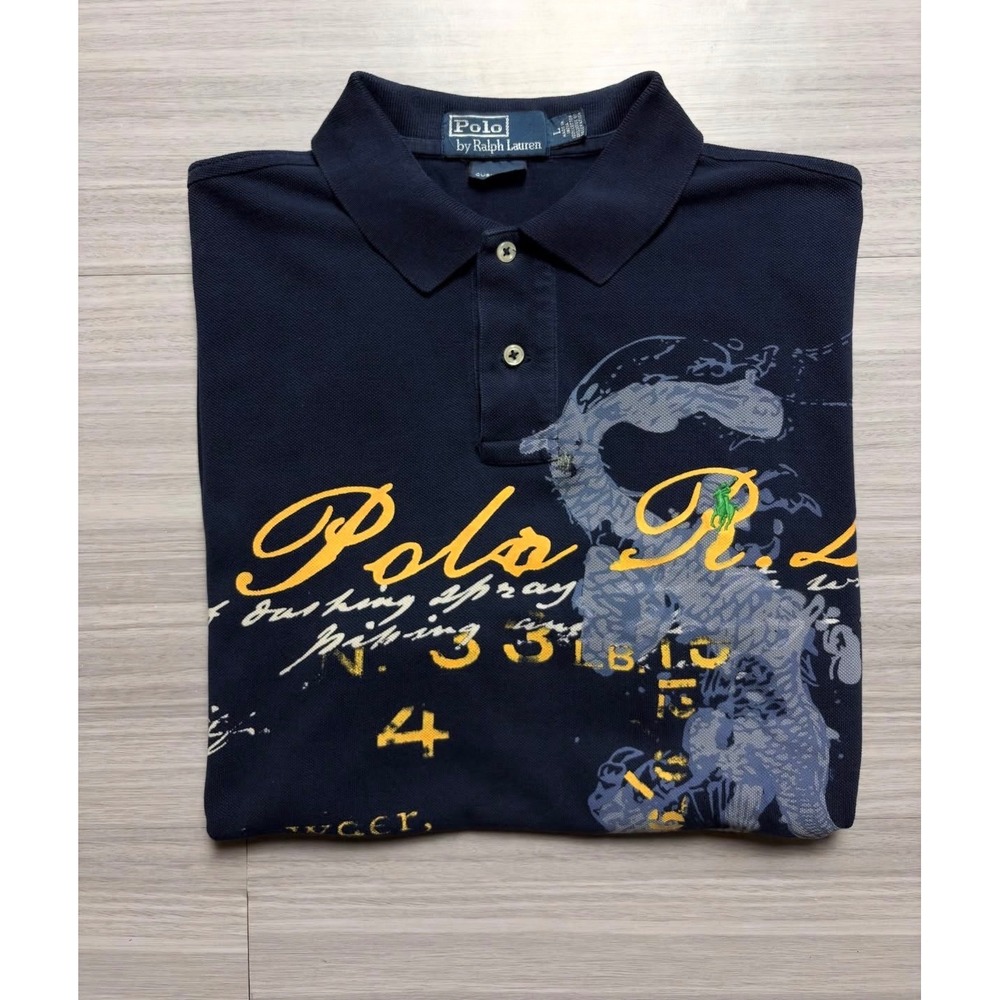 Polo Ralph Lauren Mens Navy Blue Dragon Graphic Custom Fit Polo Shirt Large
